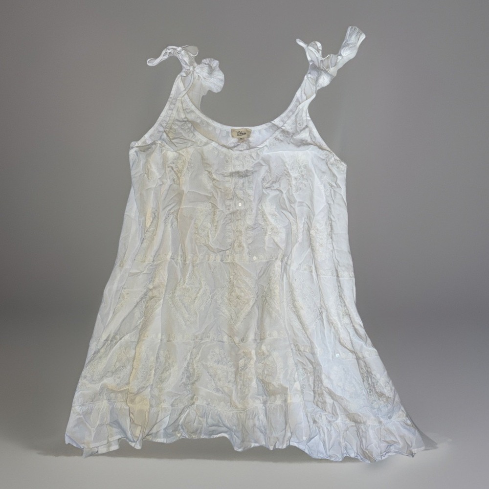 ELAN Embroidered Mini Dress Tasseled Ties At Shoulders M NWT White